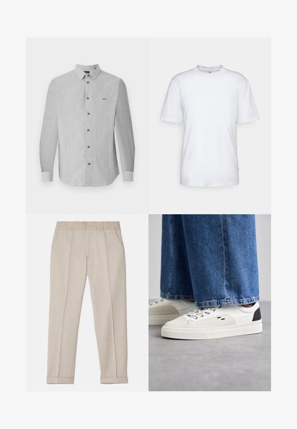 Pruhovaná košile s dlouhým rukávem v černobílé barvě, s knoflíkovým zapínáním v přední části, špičatým límečkem a malým logem na levé hrudi.; Bílá bavlněná tričko s kulatým výstřihem, krátkými rukávy a rovým lemem. Obsahuje malou značku na levém bočním švu.; Filippa K TERRY CROPPED TROUSERS - Kalhoty - sage melange; Bílé a černé tenisky s hladkým koženým svrškem, texturovanými akcenty a robustní bílou podešví. Mají klasický design se šněrováním.