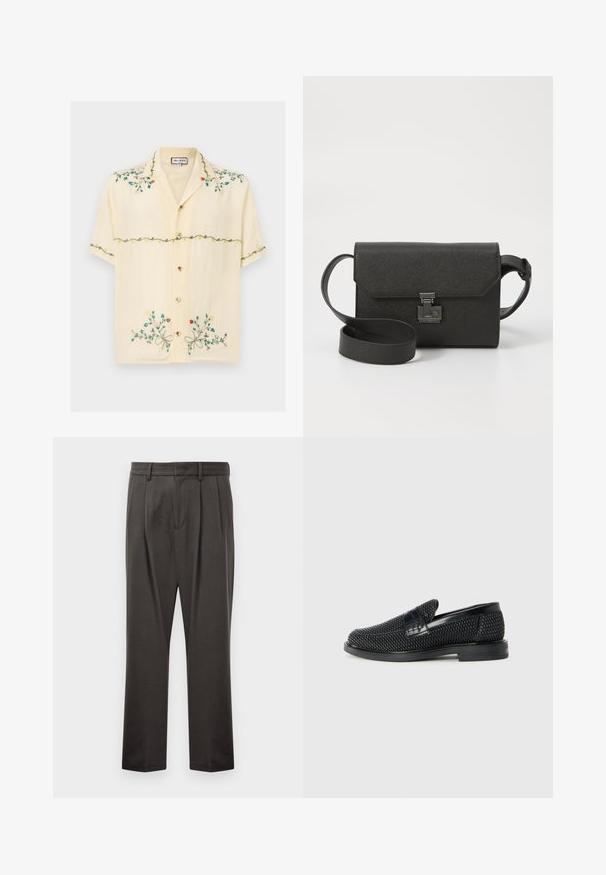 īsām piedurknēm, gaiši dzeltens krekls, izgatavots no gludas auduma, ar krāsainiem izšūtiem ziedu rakstiem, pogām un brīvā stila apkakles dizainu.; Tumši pelēki bikses, izgatavotas no teksturēta auduma, ar taisnu priekšpusi, krokojumu, taisnām kājām un jostu cilpām. Nav redzamu metālu detaļu vai rakstu.; Melnas austas slaidu kurpes ar gludu ādas akcentu augšpusē, apaļas formas purngalu un zemas profila gumijas zoli.; Melna ādas pleca soma ar teksturētu apdari, vāka aizdare, metāla piederumi un savietojams regulējams siksna.