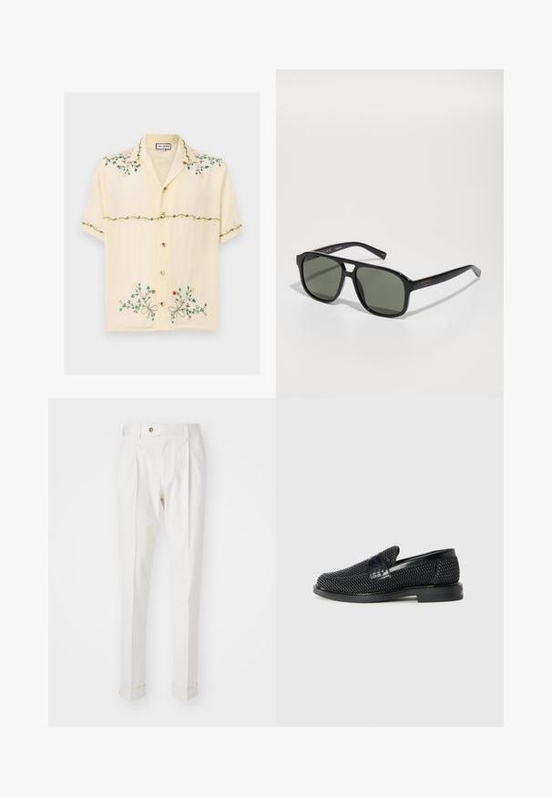 Camisa de manga corta, de color amarillo claro, hecha de una tela suave, con coloridos patrones florales bordados, botones y un diseño de cuello relajado.; Pantalones blancos, ajustados, con un frente plano, dos pliegues y puños enrollados. Hechos de una tela suave con un cierre de botón en la cintura.; Zapato negro de tejido con un acento de cuero suave en la parte superior, diseño de punta redonda y suela de goma de perfil bajo.; Gafas de sol rectangulares negras con lentes verdes, montura brillante, herrajes metálicos y acento en dorado del logo en la patilla.