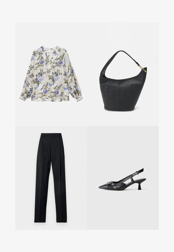 Langarmbluse aus leichtem Stoff mit floralem Druck in Blau und Grün auf hellgrauem Hintergrund. Knopfverschluss vorn, entspannte Passform.; Schwarze Hosen aus glattem Stoff mit hoher Taille, weitem Bein, vorderen Falten und klassischen Gürtelschlaufen. Keine sichtbaren Seitentaschen.; Schwarzer Leder-Slingback-Schuh mit spitz zulaufender Zehenpartie, dekorativen Riemen mit METALLÖSEN und niedrigem Blockabsatz. Strukturelle Oberfläche.; Schwarze Lederhandtasche mit abgerundeter Form, breitem Tragegurt und strukturiertem Finish. Besitzt eine subtile Nahtdetails und einen Akzent aus goldfarbenem Metall.