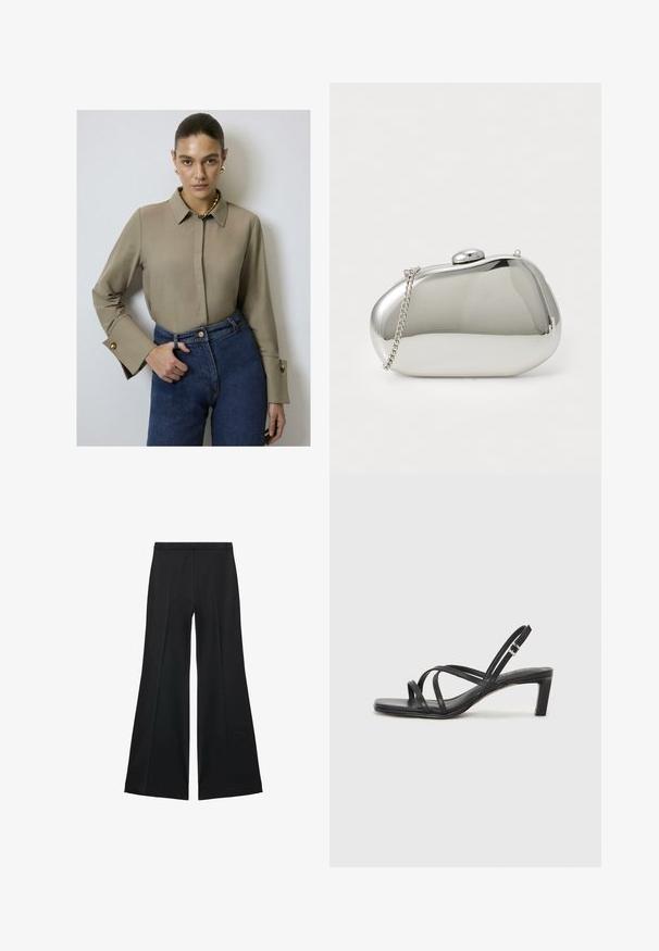 Bluză bej cu guler și mâneci lungi, cu accente de nasturi aurii pe manșete, asortată cu blugi albaștri cu talie înaltă.; Pantaloni negri cu croială largă, având o textură netedă, cu pliseuri frontale și un design croit. Materialul este ușor și fluid.; Sandal cu barete negre, cu vârf pătrat și toc mic de bloc. Prezintă mai multe barete subțiri și o bareta ajustabilă la gleznă. Fabricat din piele netedă.; Clutch metalic argintiu cu o formă rotunjită și netedă. Dispune de un sistem de închidere cu carabină și o curea detașabilă. Suprafață reflectorizantă, fără modele.
