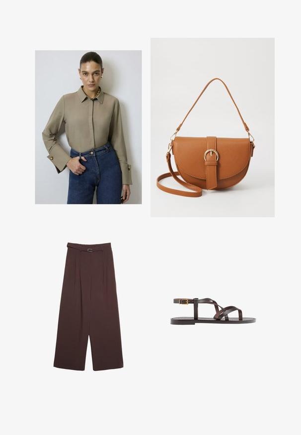Beige collared blouse with long sleeves, featuring gold button accents on the cuffs, paired with high-waisted blue denim jeans.; Stradivarius WIDE-LEG WITH BUCKLE DETAIL - Trousers - dark brown; Brown leather sandal featuring crisscross straps, an ankle buckle closure, and a flat sole with minimal stitching details.; Brown leather crossbody bag with a curved shape, gold hardware, and a buckle accent. Features a detachable shoulder strap.