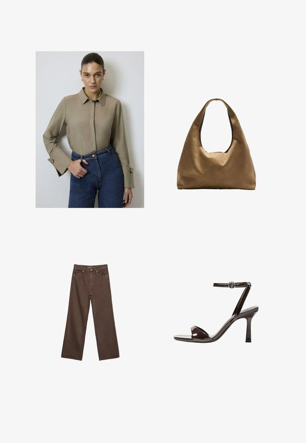 Beige blus med krage och långa ärmar, med guldiga knappdetaljer på ärmsluten, parat med högmidjade blå denimjeans.; Breda bruna jeans i denim med hög midja, framfickor och klassisk knäppning. Slät textur med subtil sömnad.; Bruna lackläder högklackade sandaler med ankelrem, öppen tå och en elegant, minimalistisk design. Har en fyrkantig klack.; Brun tygaxelväska med en bred, rundad kropp och ett stort utskärningshandtag. Mjukt material, minimalistisk design och ingen synlig hårdvara.