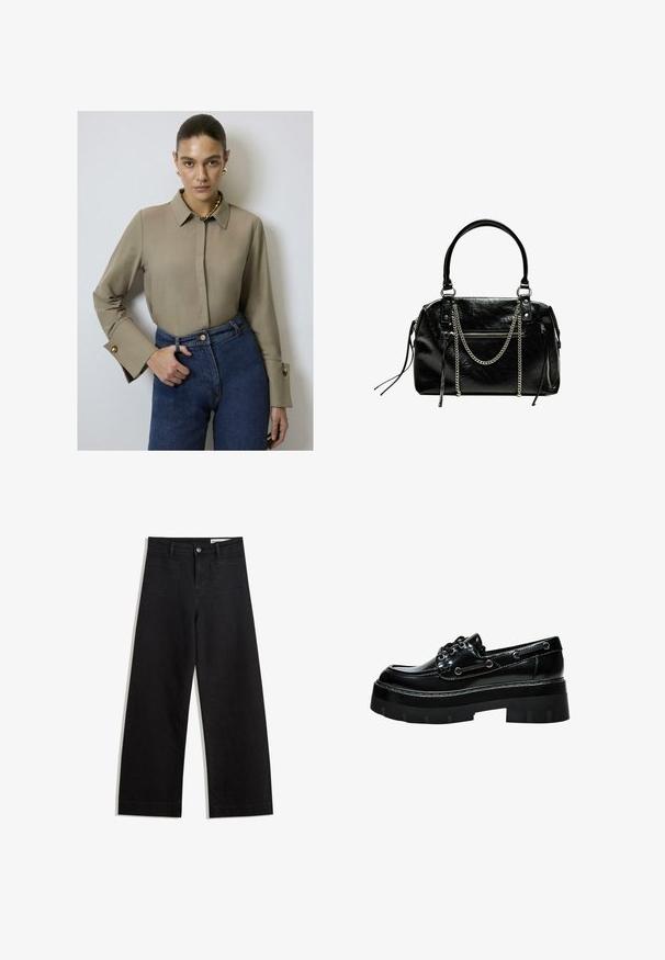 Beige Bluse mit Kragen und langen Ärmeln, verziert mit goldenen Knopf-Accents an den Bündchen, kombiniert mit hochtaillierten blauen Jeans.; Schwarze weit geschnittene Jeans mit hoher Taille, ausgestattet mit Vorder- und Hintertaschen, gesteppten Nähten und einem Knopfverschluss. Glatte Textur.; Schwarzer Lacklederschuh mit dickem Plateau, abgerundeter Spitze, Schnürdesign und silberfarbigen Ösen. Verfügt über eine strukturierte, profilierten Sohle.; Bershka WITH CHAIN - Handtasche - black