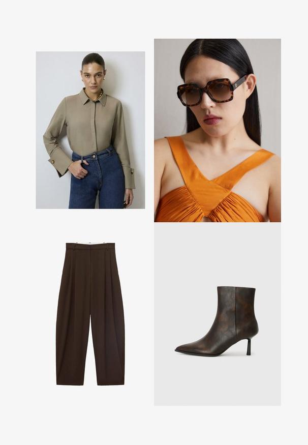 Blusa beige con cuello y mangas largas, con detalles de botones dorados en los puños, combinada con unos jeans de denim azul de cintura alta.; Pantalones de talle alto marrones con pliegues, hechos de tela suave. Corte holgado, diseño de pierna recta, con lazos para cinturón y cremallera.; Botín de cuero marrón hasta el tobillo con punta afilada, diseño elegante y un tacón negro delgado. Superficie texturizada con un patrón sutil.; Gafas de sol de gran tamaño en carey marrón con un amplio marco rectangular y lentes graduados. Detalles del logo en dorado en el lateral.