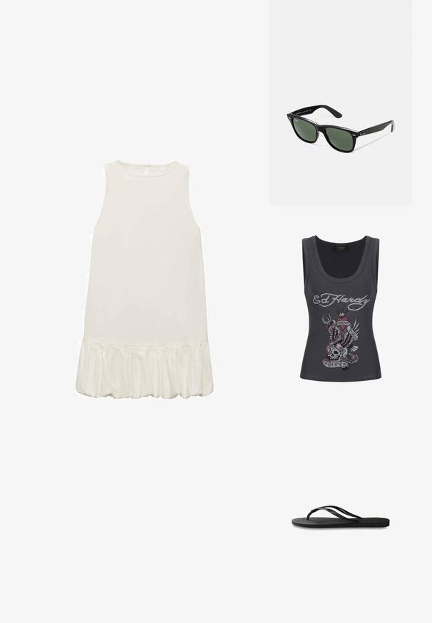 Top grigio senza maniche con scollatura rotonda, presenta un colorato design in strass di un teschio, ali, cuore e un banner con la scritta "NEW YORK CITY".; Vestito bianco senza maniche con orlo arricciato. Tessuto leggero e liscio; design semplice con scollatura rotonda e senza chiusure visibili.; Infradito neri con suola in gomma testurizzata, due cinghie sottili e un sottile dettaglio del logo impresso sulla cinghia.; Occhiali da sole in plastica nera con lenti verdi, montatura quadrata, dettaglio argento sulla parte superiore e steli con texture. Marchio indicato sulla parte interna dello stelo.