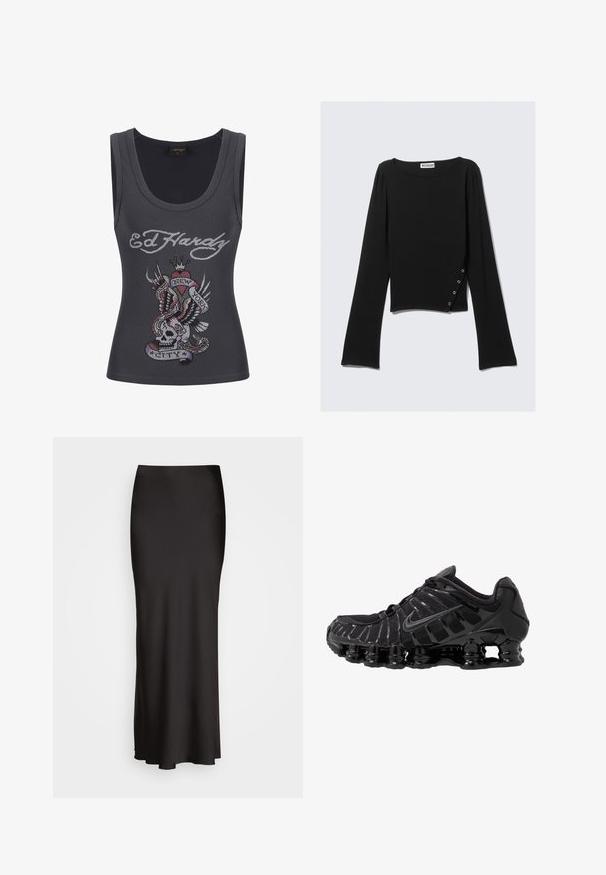 Graues Tanktop mit rundem Halsausschnitt, das ein farbenfrohes Strassdesign eines Schädels, Flügeln, eines Herzens und eines Banners mit der Aufschrift "NEW YORK CITY" zeigt.; Schwarzes langärmliges Oberteil aus glattem Stoff, mit einem weitem Halsausschnitt, cropped Länge und einem seitlichen Detail mit silbernen Druckknöpfen.; Schwarzer, bodenlanger Satinrock mit glatter Textur, tailliertem Bund und A-Linien-Silhouette, ohne sichtbare Verzierungen oder Muster.; Schwarzer Sportschuh mit Mesh-Obermaterial und glänzenden Überzügen. Verfügt über eine geschwungene Spiraldämpfung und strukturierte Linien an der Seite. Nike-Logo sichtbar.