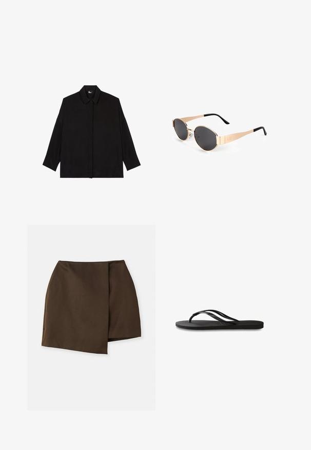 Zwarte overhemddas met een kraag, lange mouwen en een relaxte pasvorm. Gemaakt van een gladde, zachte stof zonder zichtbare patronen.; By Malene Birger RAYE - A-lijn rok - dark mahogany; Zwarte flip-flop met een gestructureerde rubberen zool, twee slanke banden en een subtiele, ingedrukte logo-detail op de band.; Gouden ovale zonnebril met donkere lenzen, met een slank ontwerp, dunne armen en een zwarte accent bij de slaap. Modelnummer L37.; Zwarte geweven schoudertas met twee stevige handvatten, met een glanzende textuur en een ruime open bovenkant.