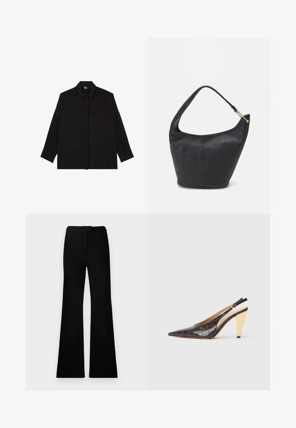 Zwarte overhemddas met een kraag, lange mouwen en een relaxte pasvorm. Gemaakt van een gladde, zachte stof zonder zichtbare patronen.; Zwarte uitlopende broek met een soepele textuur, een op maat gemaakte tailleband en voorzakken, ontworpen met een elegante, moderne silhoeët.; Puntige slingback hak in donkerbruin glanzend faux krokodillenleer. Kenmerkt zich door een goudkleurige geometrische hak en een verstelbare enkelband.; Zwarte leren handtas met een ronde vorm, een brede schouderriem en een gestructureerde afwerking. Bevat subtiele naaddetails en een gouden hardwareaccent.
