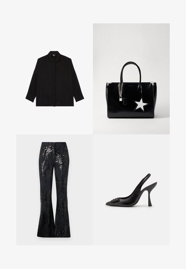 Zwarte overhemddas met een kraag, lange mouwen en een relaxte pasvorm. Gemaakt van een gladde, zachte stof zonder zichtbare patronen.; The Kooples PANTALON SEUL - Broek - black; Zwarte leren slingback schoen met een spitse neus, slanke hoge hak en een decoratieve strikaccent. Gladde textuur en elegant ontwerp.; Zwarte lakleren handtas met een slanke vorm. Voorzien van zilveren kettinghardware, een slot en een witte steraccent aan de zijkant.