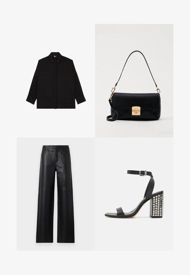 Zwarte overhemddas met een kraag, lange mouwen en een relaxte pasvorm. Gemaakt van een gladde, zachte stof zonder zichtbare patronen.; Zwarte leren broek met wijde pijpen en een gladde textuur, voorzien van voorzakken, een knoopsluiting en subtiele stiksels.; Zwarte leren haksandalen met een enkelbandje. Met een vierkante neus, een gladde textuur en een vierkante blokhak versierd met zilveren studs.; Zwarte leren handtas met een platte rechthoekige vorm, gouden hardware en een bovenhandvat. Beschikt over een sluiting met klips en kenmerkende logo-details.