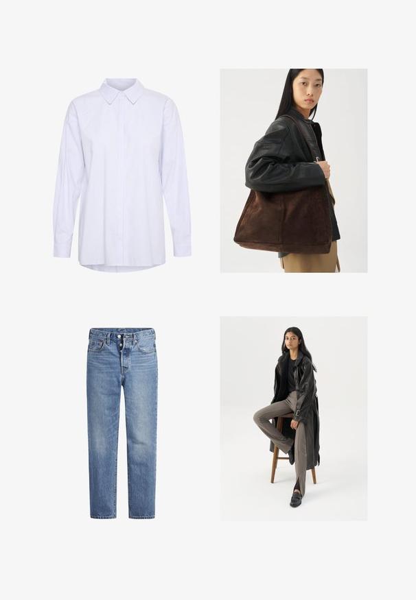 Garā piedurkņu, pogājama krekla gaiši zila un balta svītra. Tam ir klasiskā apkakle un brīva piegriezuma forma ar izliekta apakšmalu.; Gaiši zila džinsu bikses ar taisnu griezumu, piecu kabatu dizainu un poga aizdari. Iespējamas nelielas izbalēšanas un apelsīnu diegu akcenti.; Melnas ādas tranšejas mētelis ar pogām un jostu, apvienots ar gaiši brūnām pieguļošām biksēm un melnā krāsā loafers, sēžot uz koka krēsla.; Brūns zamša toleta soma ar plašu formu un mīkstu tekstūru, ar vienu siksniņu un minimālu aparatūru uz neitrāla fona.