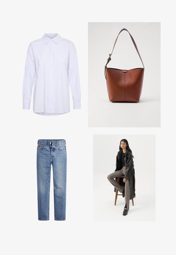 Long-sleeve, button-up shirt in light blue and white stripes. Features a classic collar and a relaxed fit with curved hemline.; Light blue denim jeans with a straight cut, five-pocket design, and a button fly. Features subtle fading and orange stitching accents.; Black leather trench coat with buttons and belt detail, paired with light brown fitted pants and black loafers, seated on a wooden stool.; Brown leather shoulder bag with a curved shape, smooth texture, and a single thin strap. Features a subtle seam and a small logo detail.