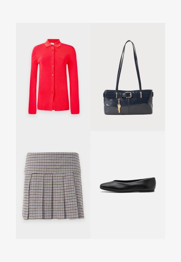 Cardigan rouge à côtes, avec un col, des manches longue et six boutons à l'avant. Texture lisse sans motifs ni accents visibles.; Jupe plissée dans un motif écossais marron, beige et bleu. Fabriquée à partir d'un tissu texturé avec une taille ajustée et des plis décoratifs.; Paul Smith TOPANGA - Ballerines - black; Sac à main en cuir bleu marine avec deux longues poignées, un détail de boucle et un porte-clés accroché. Il présente une texture lisse et une forme rectangulaire.