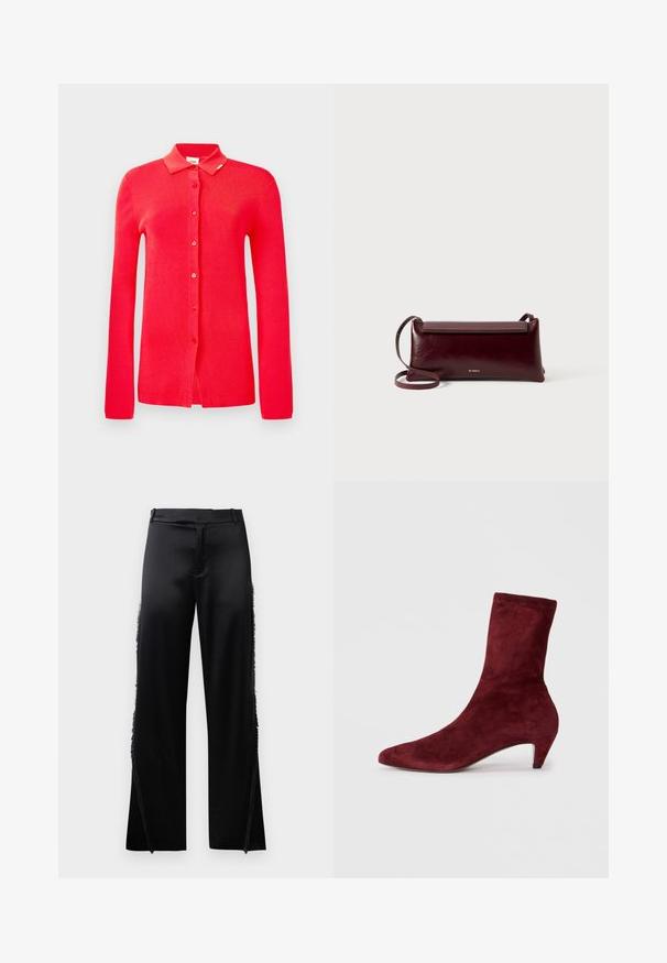 Sarkana ribota jakna ar apkakli, pilna garuma piedurknēm un sešiem priekšējiem pogām. Vienmērīga tekstūra bez redzamām rakstām vai akcentiem.; Melnas satīna bikses ar platām kājām, ar frēzi detaļām gar sānu šuvēm un plakanu priekšējo jostas daļu. Vienkārša aizmugure bez kabatām.; Burgundijas zamša potīšu zābaki ar norādīto purngalu un zemu papēdi. Gluda tekstūra un pieguļošs dizains bez redzamām detaļām vai rakstiem.; Burgundijas krāsas ādas pleca soma ar gludu tekstūru, taisnstūra formu, vāciņa aizdari un plānu regulējamu siksnu. Redzams zelta logo elements.