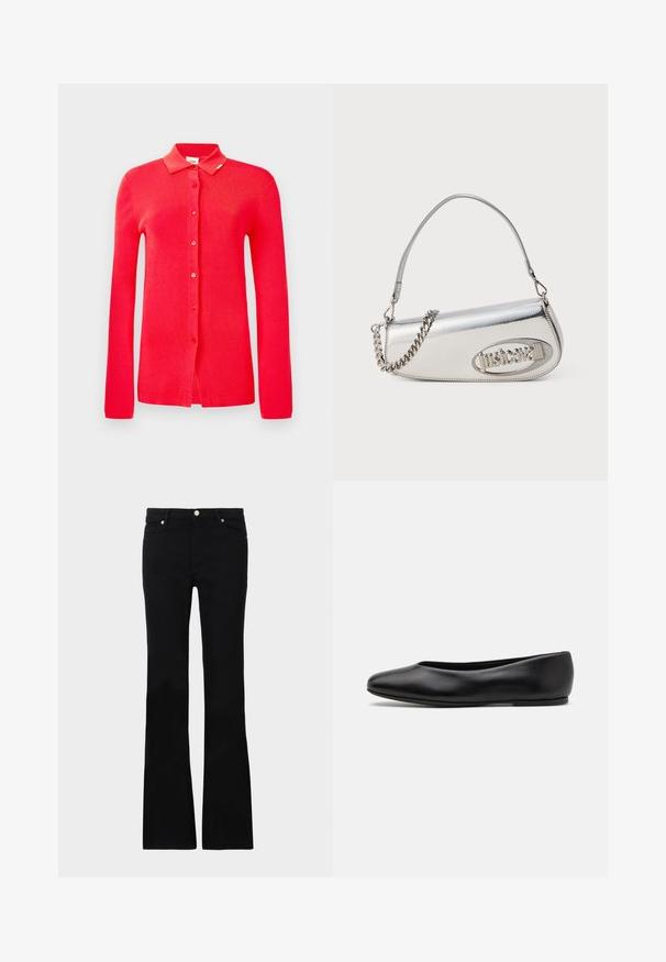 Red ribbed cardigan with a collared neck, full-length sleeves, and six front buttons. Smooth texture with no visible patterns or accents.; Black flared jeans made of denim, featuring two front pockets, a button closure, and a smooth texture. Signature stitching visible at seams.; Paul Smith TOPANGA - Ballet pumps - black; Silver metallic handbag with a rounded triangular shape, featuring a logo, chain strap, and smooth texture. Zipper closure on the side.