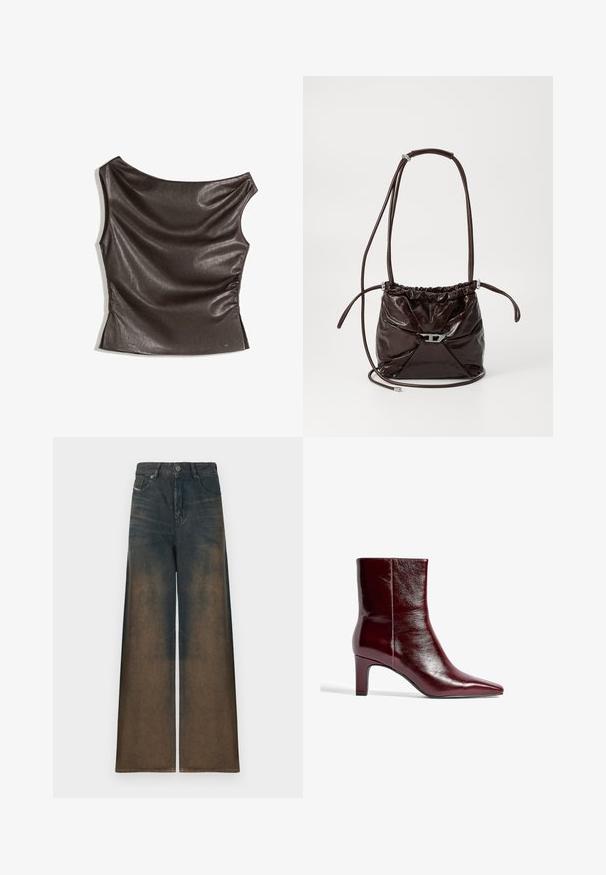 Top asimmetrico a spalla unica in finta pelle marrone scuro; dettaglio arricciato laterale; texture liscia con una leggera lucentezza; design aderente.; Jeans a gamba larga in denim scuro, con una sfumatura che va dal marrone scuro al chiaro, con un design classico a cinque tasche e chiusura con bottone in metallo.; Stivale alla caviglia in pelle borgogna con punta affusolata, design elegante e tacco a blocco medio. Texture liscia e dettagli con cuciture minimali.; Borsa a spalla in pelle lucida marrone scuro con parte superiore arricciata e tracolla sottile regolabile, caratterizzata da un piccolo dettaglio di chiusura in tonalità argento sul davanti.