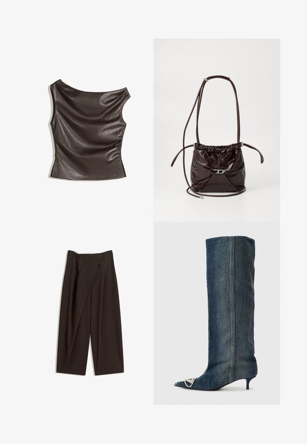 Asimetrični, top s jednim ramenom u tamnosmeđoj eko koži; detalj na skupljenom dijelu sa strane; glatka tekstura s blagim sjajem; oblikovani kroj.; Tamno smeđe široke hlače s visokim strukom, s jednim dugmadi na zakopčavanju i pregibom sprijeda. Izrađene od laganog materijala.; Traper čizma do koljena sa špicastim vrhom, srebrnim ukrasima, tankom petom i glatkim, teksturiranim završetkom.; Tamnosmeđa sjajna kožna torba za rame s nabranim gornjim dijelom i tankim podesivim remenom, s malim detaljem kopče u srebrnoj boji na prednjoj strani.