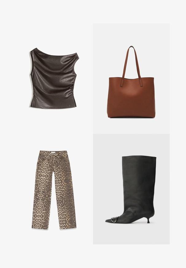 Asymmetrical, one-shoulder top in dark brown faux leather; gathered side detail; smooth texture with a slight sheen; form-fitting design.; Leopard print denim jeans featuring a neutral beige and brown color palette, straight leg design, and traditional pocket details.; Black leather ankle boot with a pointed toe, small heel, and metallic accent detail on the toe. Smooth, matte texture throughout.; Brown leather tote bag with a smooth texture, open top design, and two shoulder straps. Features minimal stitching and no visible hardware.