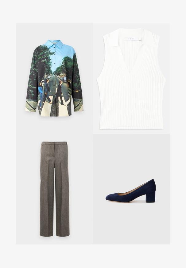 Alice + Olivia FINELY LONG SHIRT - Bluza z gumbi - multi coloured; Bela brezrokavnik z V-izrezom in rebrasto teksturo, ki se ponaša s ovratnikom in prilegajočim krojem. Čiste linije z nežnimi vertikalnimi črtami.; Sive vzorčaste hlače s prilagojenim dizajnom, širokimi nogami in gladko teksturo, ki imajo raven sprednji del in zanke za pas.; Temno modri nubuk čevlji s koničastim nosom in srednje visokim blokom. Gladka tekstura z diskretnim sijajem in majhnim izrezom spredaj.