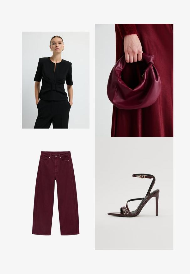 Černý top s krátkým rukávem a výstřihem ve tvaru klíčové dírky, který má přiléhavý pas s obdélníkovou sponou. Hladká, strukturovaná tkanina s matným povrchem.; Burgundské široké džíny vyrobené z denimové bavlny, s designem se čtyřmi kapsami a kovovým zapínáním s odpovídajícím prošíváním.; Bordeaux lakované kožené sandály na vysokém podpatku s řemínkem kolem kotníku, špičatou špičkou a třemi vodorovnými pásky přes nohu. Zlacený detail s přezkou.; Burgundská kožená kabelka s měkkým, nabíraným designem a zaobleným tvarem. Ucho je zajištěné a vykazuje hladkou texturu.