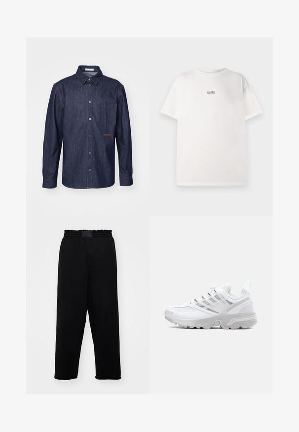 Donkerdenim shirt met een knoopsluiting aan de voorkant, puntige kraag, één borstzak en contrasterende stikdetails.; Witte katoenen t-shirt met een klein bedrukt label in het midden. Korte mouwen en een relaxte pasvorm met een gladde textuur.; Zwarte sweatpants met een elastische tailleband, zijzakken en een ontspannen pasvorm. Gemaakt van zachte, gladde stof met een effen textuur.; Witte sportieve schoen met een gestructureerde mesh bovenkant, slank ontwerp, versterkte neus en zilveren accenten op het vetersysteem en de middenzool.