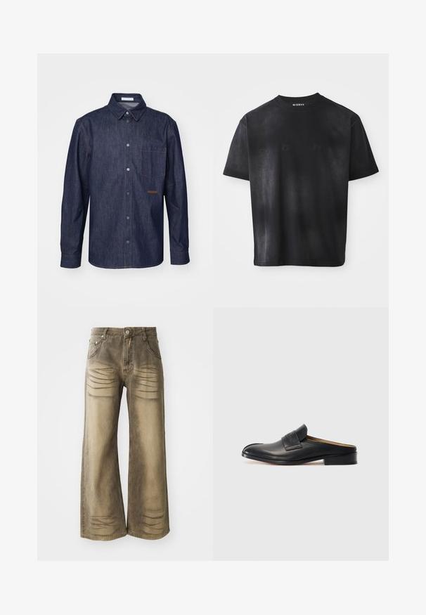 Camicia in denim scuro con parte frontale a bottoni, colletto appuntito, taschino sul petto e dettagli di cucitura a contrasto.; T-shirt nera a maniche corte con collo tondo, con un sottile logo "MISBHV" tono su tono sul petto e etichetta all'interno del colletto.; Jeans a gamba larga in un colore beige sbiadito, con dettagli di whiskering, chiusura con bottone e design a cinque tasche. Tessuto di denim morbido.; Scarpa nera in pelle senza lacci con punta arrotondata, tacco basso a blocco e una fascia anteriore. Texture liscia con un sottile dettaglio del logo sulla fascia.