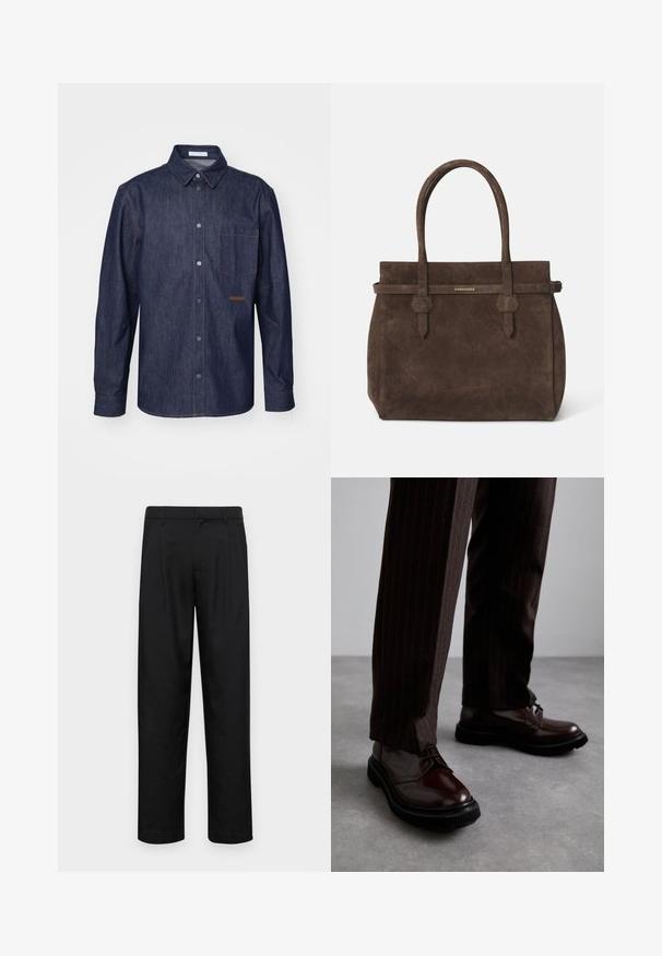 Tamsiai mėlynas džinsinis marškinis su sagų užsegimu, smailiu apykakle, vienu krūtiniu kišenėje ir kontrastingomis siuvimo detalėmis.; Balti medvilninė be rankovių marškinėliai su apvaliu iškirpimu, pasižymintys lygiu tekstūru ir prigludusia forma, skirti kasdieniam dėvėjimui.; Juodi kelnių modeliai, pagaminti iš lygios medžiagos, turi tiesią kojas, du priekiniai klostės ir standartinę juosmenį su diržo kilpomis.; Rudos odinės bateliai su raišteliais, blizgiu paviršiumi, juoda gumine absorbcija ir subtilia siūle. Dėvimi su rudos spalvos dryžuotomis kelnių.; Tamsiai ruda zomšinė rankinė su dviem rankenomis ir horizontaliu diržu, kuriame yra mažas auksinis DSQUARED2 logotipo ženklelis.