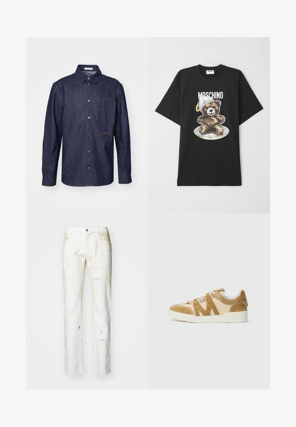 Camisa de mezclilla oscura con botones en la parte delantera, cuello puntiagudo, bolsillo en el pecho y detalles de costura en contraste.; Camiseta de algodón negra con un gráfico de un oso que lleva un sombrero azul y blanco, con el texto "Moschino" encima del diseño. Mangas cortas, corte relajado.; Jeans de mezclilla blanca con corte recto. Presentan manchas de pintura visibles, cremallera en la bragueta y cinco bolsillos. Textura suave con un aspecto ligeramente desgastado.; Zapatillas beige y marrón que combinan ante y malla, con un distintivo diseño de corte en forma de 'M', cordones blancos y una suela de goma texturizada.
