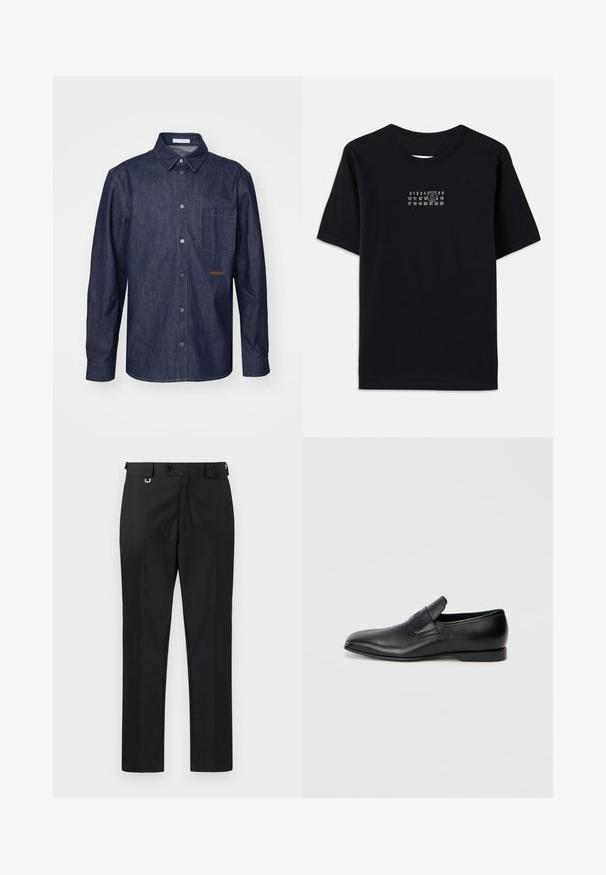 Mørk denimskjorte med knaplukning foran, spids krave, enkelt brystlomme og kontrasterende syninger.; Sort bomulds T-shirt med korte ærmer og rund hals. Har et hvidt numerisk tryk med en stiliseret '6' på tværs af brystet.; Sorte skræddersyede bukser med lige pasform, der har en knaplukning og bælteløkker. Glat tekstur med minimal detaljer.; Sorte læder slip-on sko med spids tå, glat overflade og diskret branding på siden. Lav hæl med et rent, minimalistisk design.