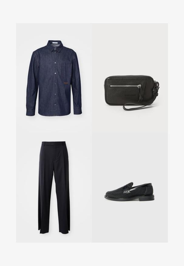 Tmavě modrá džínsová košile s knoflíkovou légu, špicatým límcem, jedním náprsním kapsou a kontrastním prošíváním.; Černé kalhoty s vysokým pasem a širokým střihem, vyrobené z hladké látky. Mají přední sklady a poutka na opasek. Minimalistický design, bez viditelného kovového hardwaru.; Černé pletené nazouvací boty s hladkým koženým akcentem na svršku, kulatou špičkou a nízkoprofilovou gumovou podrážkou.; Černá kožená kabelka s texturovaným povrchem, přední kapsou na zip a odnímatelným zápěstním poutkem. Na přední straně se nachází logo. Obdélníkový tvar.