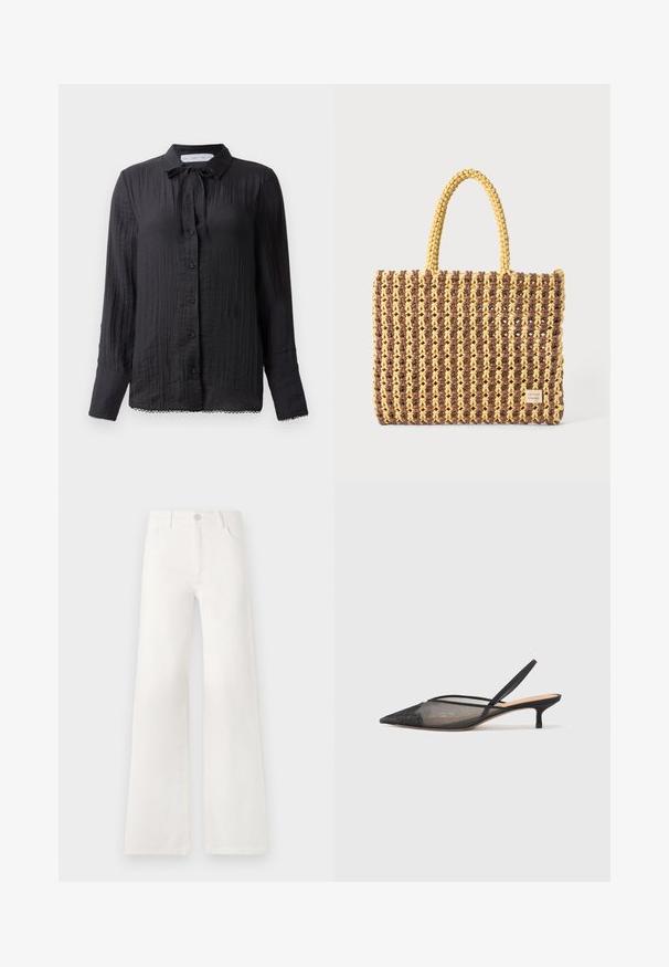 Blusa preta de botão com detalhe de laço no pescoço, tecido texturizado, mangas longas e remate em renda na bainha. Os botões são pretos e brilhantes.; Jeans brancos, de cintura alta e pernas largas, feitos de denim. Apresentam um fecho de botão, dois bolsos frontais e costuras detalhadas nas laterais.; NEOUS IRENA - Saltos clássicos - black; Saco tecido em castanho e amarelo, com uma forma retangular, duas alças, e um acabamento texturizado com costura visível e uma etiqueta da marca.