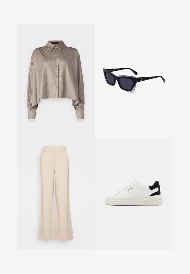 DRYKORN FLANNA - Camicia - brown; Pantaloni beige a gamba larga con una texture liscia, caratterizzati da una vita alta e due tasche frontali. Design pulito con una vestibilità sartoriale.; Sneaker bianchi in pelle con suola spessa bianca, accento in suede nero sul tallone e logo impresso sul lato. Design con lacci e sei fori per i lacci.; Occhiali da sole oversize neri dalla forma geometrica, con lenti scure e un dettaglio grigio a contrasto sulla montatura. Logo sul braccio.; Orecchini a cerchio in argento con una finitura liscia e lucente. Forma arrotondata, design leggero, con chiusura a perno.