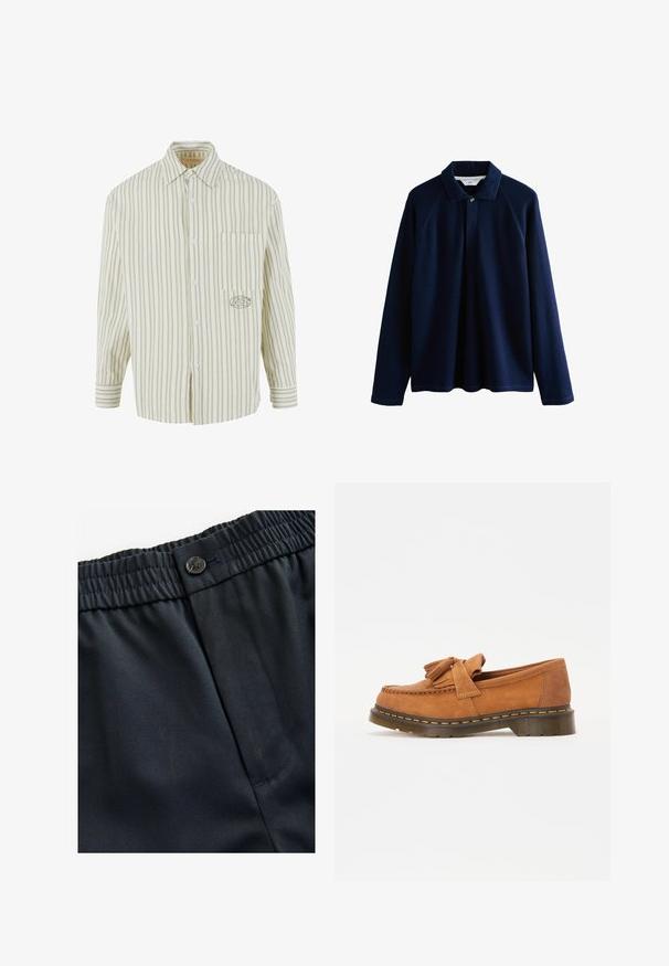 Camicia a righe verde chiaro e bianco con bottoni frontali, taschino sul petto e logo ricamato sul lato sinistro. Materiale in cotone, maniche lunghe.; Polo a maniche lunghe blu navy realizzato in tessuto testurizzato, con colletto a costine, chiusura con bottoni e maniche raglan per un fit rilassato.; Tessuto leggero di colore blu navy con una texture liscia. Presenta una cintura elastica con chiusura a bottone e una tasca laterale.; Mocassini in suede marrone con un accento a fiocco nappato, dotati di punta arrotondata e suola spessa e rigata con dettagli di cucitura arancione.