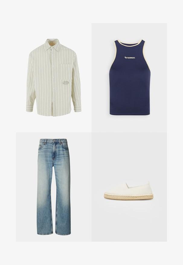 Camisa a rayas verde claro y blanca con botones al frente, un bolsillo en el pecho y un logo bordado en el lado izquierdo. Material de algodón, mangas largas.; Camiseta sin mangas de color azul marino con ribete beige, que presenta un logo blanco de "ETERNAL" en el centro, hecha de una tela suave y elástica.; Vaqueros de denim azul claro con corte de pierna ancha, que presentan un tono desgastado, diseño de cinco bolsillos y cierre de botón metálico en la cintura.; Zapato espadrille de lona blanca con suela de cuerda de yute, punta redonda y lados elásticos para facilitar su uso. Diseño plano, estilo minimalista.