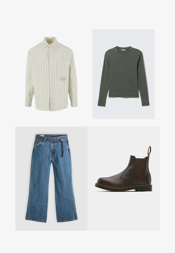 Světle zelená a bílá pruhovaná košile s knoflíkovým zapínáním, hrudní kapsou a vyšitým logem na levé straně. Bavlněný materiál, dlouhé rukávy.; Dlouhý rukáv, žebrovaný top v tmavě zelené barvě, s kulatým výstřihem a rovním lemem. Vyroben z měkké tkaniny, s minimálním počtem švů a bez viditelných vzorů.; Modré denimové široké džíny s připojeným opaskem, předními kapsami a viditelným šitím na světlém jednobarevném pozadí.; Hnědé kožené Chelsea boty s elastickými bočními panely, texturovaným podpatkem a kontrastním žlutým prošíváním. Mají poutko pro snadné obouvání.
