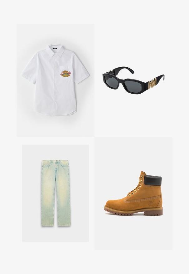 Bela kratkozapnasta srajca s kragnico, z barvnim vezenim vzorcem na levem prsnem žepu.; Svijetloplave traperice s labavim krojem, sa pet džepova, zip zatvaranjem i izblijedjelim završetkom duž bedara i koljena.; Svetlo rjave anklne čizme iz semiša z črnim oblazinjenim ovratnikom, zlatimi kovinskimi očesci, belimi šivi in robustnim gumijastim podplatom s izrazitimi tredi.; Črne sončne očala z masivnim geometrijskim okvirjem, temnimi lečami in zlatimi kovinskimi detajli na templjih, ki vsebujejo okroglo emblemo.