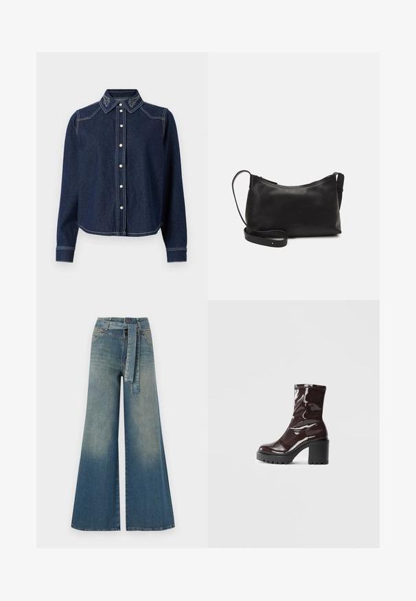 JDY JDYBELLA SHIRT - Pogājama blūze - dark blue denim; Platām kājām džinsu bikses ar gaismas līdz tumši zilam gradientam, augstu jostas līniju, jostas cilpām un atbilstošu auduma jostu. Tekstūrēts džinsas apdare.; Spīdīgas bordo potīšu botītes ar masīlu melnu papēdi, kurām ir gluda tekstūra un vienkāršs dizains. Nav redzamu aizdari vai rakstu.; Melna ādas plecu soma ar gludu tekstūru, izliekta forma, regulējama siksna un rāvējslēdzēja aizdare. Minimālistisks dizains bez rotājumiem.