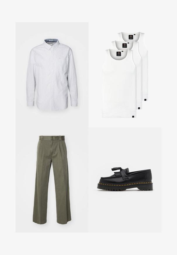 Langärmliges Hemd mit Knopfleiste in Hellblau mit weißen Streifen. Verfügt über einen Kragen, eine Brusttasche und glattes Baumwollmaterial.; Drei weiße, gerippte Tanktops aus Baumwolle. Merkmale einen Rundhalsausschnitt und kleine schwarze Etiketten am Saum. In mehreren Größen erhältlich.; Olivgrüne Hose mit einem lockeren, weit geschnittenen Design und vorderen Falten. Hergestellt aus strukturiertem Stoff mit einem normalen Bund und ohne sichtbare Beschläge.; Schwarze Lederloafers mit einem fransenverzierten Akzent, ausgestattet mit einer robusten schwarzen Sohle und gelber Naht entlang der Kante. Texturierte Oberfläche.