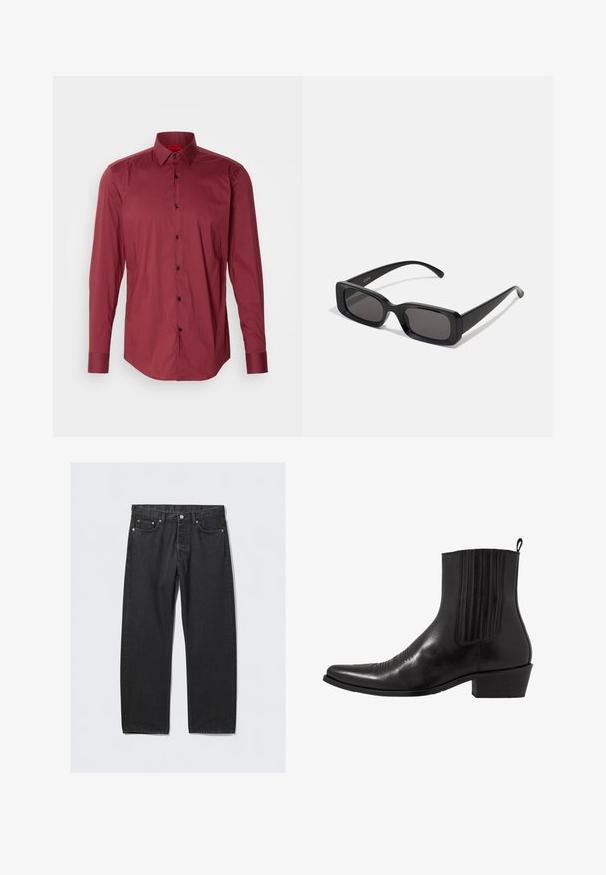 HUGO KENNO - Zakelijk overhemd - dark pink; Zwarte denim jeans met een rechte pijp, voorzien van een knoopsluiting, vijf zakken en hardwareaccenten in koperkleur. Soepele textuur.; Zwarte leren enkellaarzen met een spitse neus, elastische zijpanele, verticale stiksels en een lage blokhak.; Zwarte rechthoekige zonnebril met donkere lenzen, glanzende afwerking, brede pootjes en een robuust frameontwerp. Gegraveerde merknaam op één van de pootjes.