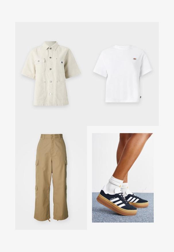 Kortärmad skjorta i ljusbeige tyg, med spetsig krage, framknäppning, två bröstfickor och ett litet logopatch på vänster sida.; Vit bomull t-shirt med en avslappnad passform, som har en liten logopatch på bröstet och en etikett på sidan för ytterligare detalj.; Beige cargobyxor med hög midja, vida ben och fyra stora sidfickor. Tillverkade av ett hållbart tyg med en slät yta och minimalistisk design.; Svarta sneakers i mocka med vita ränder och detaljer, rundad tå, yttersula i gummiblandning, kombinerade med vita ribbade crew-strumpor.
