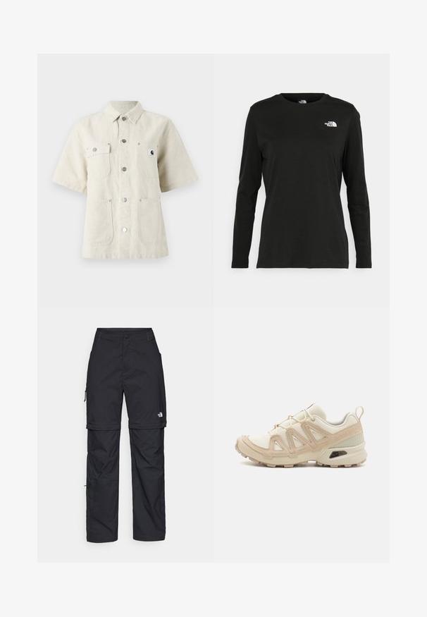 Košulja kratkih rukava od svijetlog bež materijala, s oštrim ovratnikom, prednjim gumbima, dva džepa na prsima i malom logotip oznakom lijevo.; Crni dugih rukava majica od pamuka s okruglim izrezom. Ima mali bijeli logo na lijevoj strani prsnog područja. Jednostavan dizajn i kroj.; Crne najlon hlače s munjevim zatvaranjem, odvojive cargo hlače s podesivim manžetama, brojnim džepovima i logom na desnoj nozi. Glatka, lagana tekstura.; Bež i kremasti sportski tenisice s teksturiranim mrežastim gornjim dijelom, potpornih preklopa i gumeni potplat s uzorcima za prianjanje.