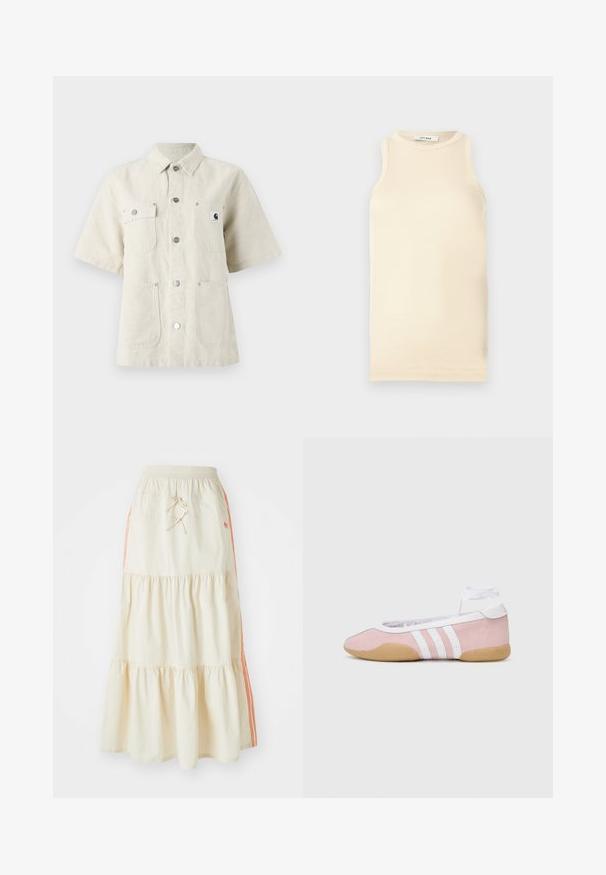 Šviesiai bežinis trumpomis rankovėmis marškinėliai, su smailiu apykakle, priekyje mygtukais, dviem krūtinės kišenėmis ir maža logotipo etiketė kairėje pusėje.; Šviesiai kreminės spalvos be rankovių marškinėliai, pagaminti iš banguoto audinio, turi apvalų iškirpimą ir prigludusį siluetą. Lygus paviršius su minimaliai siūlėmis.; Kreminės spalvos sluoksniuota midi sijonas su elastine juosta ir raišteliu. Savybė: oranžinės šoninės juostos ir minkšta, lygi medvilnės tekstūra.; adidas Originals TAEKWONDO MEI BALLET - Sportbačiai - clear pink/ftwr white/gum