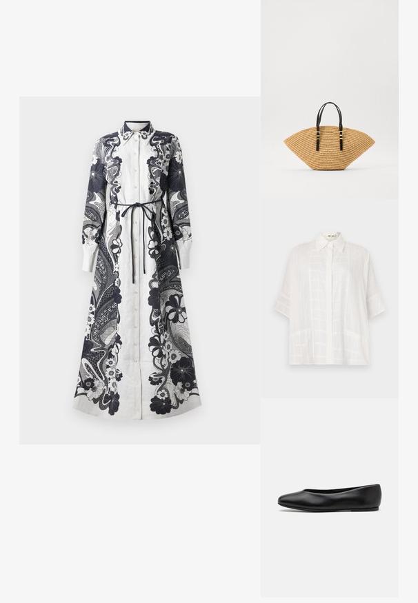 Weißes kurzärmliges Hemd mit Knopfleiste, dezenten texturierten Mustern und einer lockeren Passform, gefertigt aus leichtem Stoff.; Langes, knöpfbares Kleid aus leichtem Stoff. Überwiegend weiß mit kunstvollen navy Blumen- und Paisleymustern. Mit gewickeltem Taillendetail.; Paul Smith TOPANGA - Klassischer Ballerina - black; Stroh Tasche mit einer einzigartigen Fächerform, beigem gewebtem Textur und schwarzen Ledergriffen mit goldfarbenen Schnallen. Verstellbarer Riemen für Vielseitigkeit.