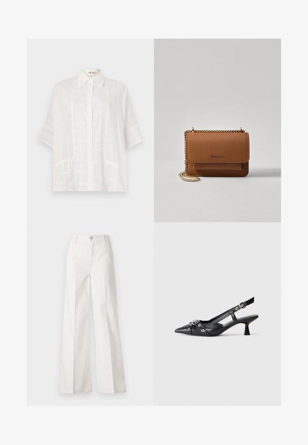 Camicia bianca a maniche corte con chiusura a bottoni, modelli testurizzati discreti e una vestibilità rilassata, realizzata in tessuto leggero.; Pantaloni bianchi a gamba larga realizzati in cotone con una texture liscia. Presentano un bottone anteriore, una zip e un design a quattro tasche.; Scarpa slingback nera in pelle con punta affusolata, cinturini decorativi con occhielli metallici e tacco basso a blocco. Superficie testurizzata.; Borsa a tracolla in pelle marrone con texture, dotata di catena dorata e chiusura a pattina. Sul davanti presenta un dettaglio con logo e una tasca sotto la pattina.
