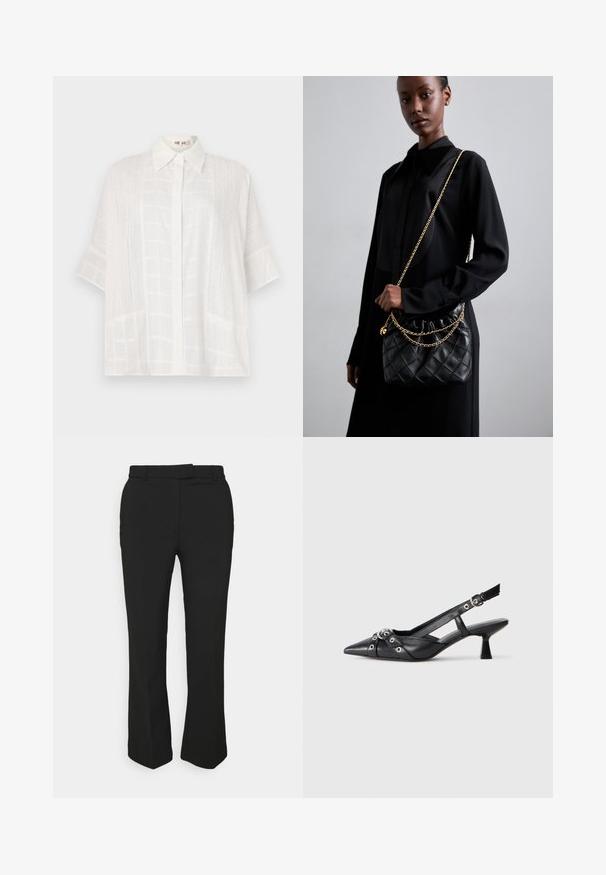 White short-sleeve shirt featuring a button-up front, subtle textured patterns, and a relaxed fit, crafted from lightweight fabric.; Black tailored pants with a straight-leg design, featuring belt loops and side pockets. Made from smooth fabric with a clean finish.; Black leather slingback shoe with a pointed toe, decorative straps featuring metal eyelets, and a low block heel. Textured surface.; Black quilted leather handbag with a gathered top, gold chain strap, and a rectangular shape, held against a plain background.