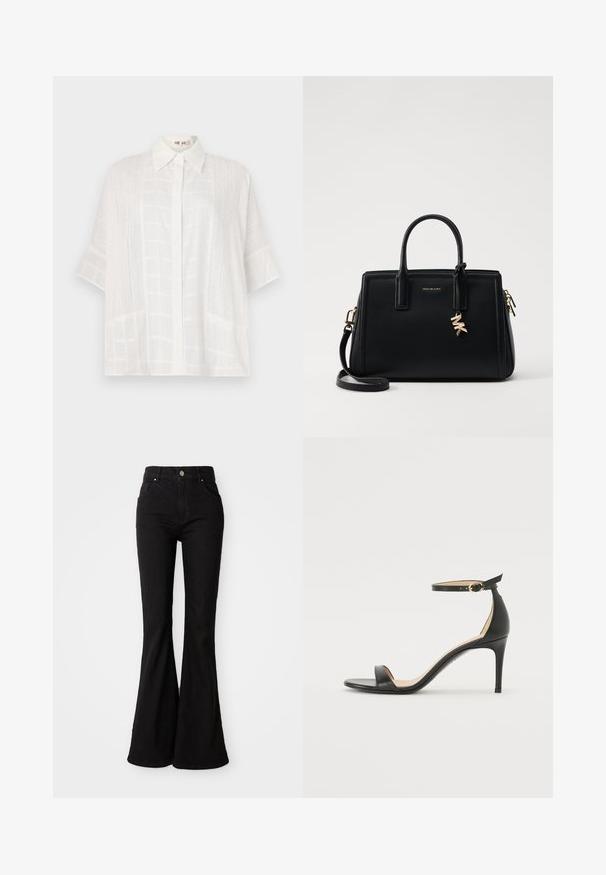 Bijela majica kratkih rukava s kopčanjem sprijeda, suptilnim teksturnim uzorcima i opuštenim krojem, izrađena od lagane tkanine.; Crne traperice s lepršavim nogavicama, visoki struk, zatvaranje na dugme i klasični dizajn s pet džepova. Glatka tekstura i ujednačena boja.; Crne kožne sandale na visokom potpeticu s remenom oko gležnja. Imaju glatku teksturu, otvoreni prst i tanku potpeticu. Detalj s kopčom u zlatnoj boji.; Crna kožna torba s strukturiranim dizajnom, dvostrukim gornjim ručkama, odvojivim remenom za rame, zlatnim detaljima i akcentom s logom.