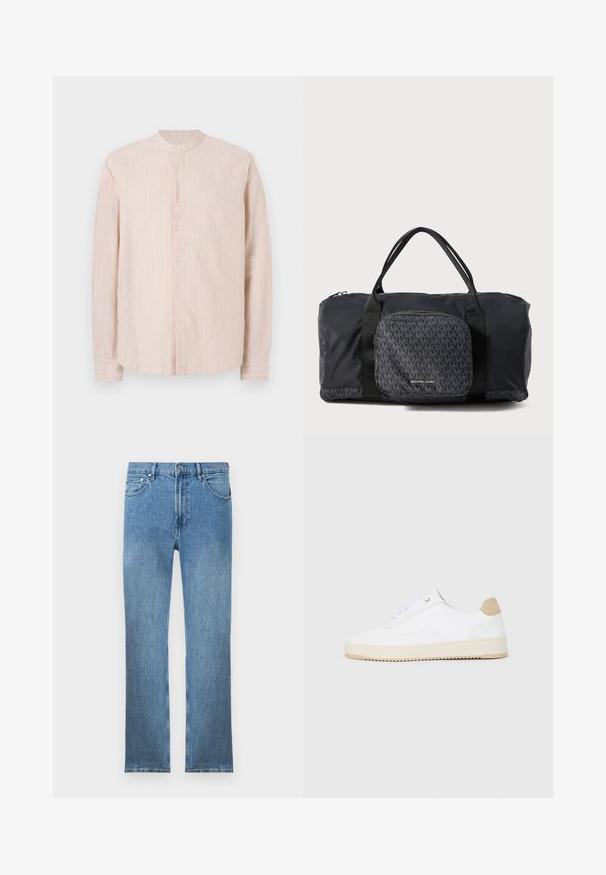 Világos rózsaszín ing, álló gallérral, függőleges fehér csíkokkal, hosszú ujjakkal és egyenes aljjal. Az anyag textúrásnak tűnik.; Világoskék farmernadrág, egyenes szabással, öt zsebbel, cipzáras derékrésszel és eltérő varrással. Az anyag sima, texturált felületű.; Fehér, alacsony szárú sportcipők textúrált bőr felsőrésszel, krémszínű bordás talppal és barna sarokdíszítéssel. Fehér fűzőkkel és logóval ellátott sarokkialakítással rendelkezik.; Fekete Michael Kors sporttáska dupla fogantyúkkal, elülső cipzáras zsebvel, amelyen a megismételt MK logó minta és a Michael Kors márkázás található.