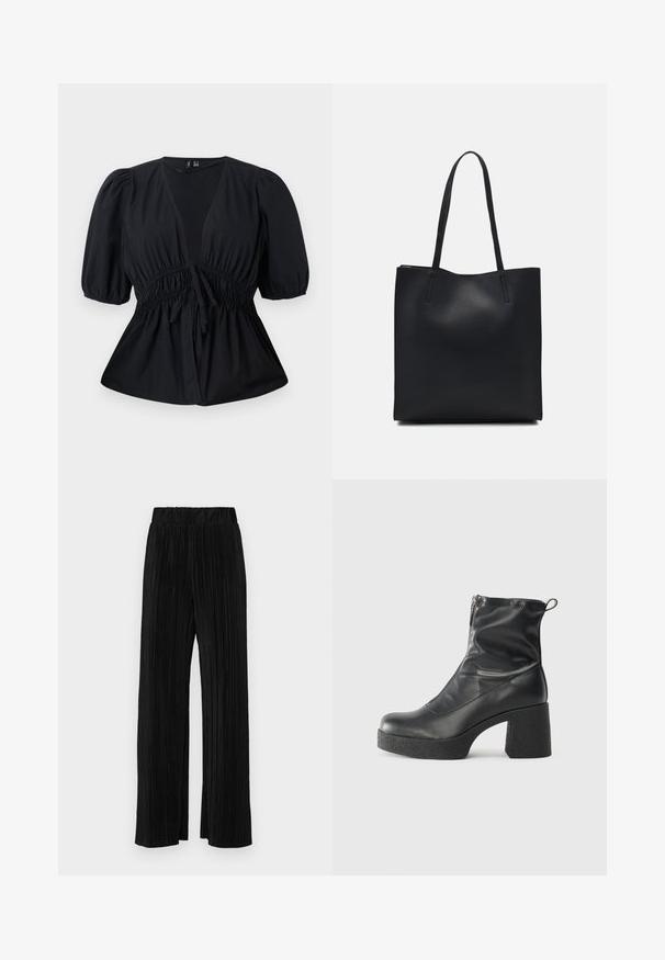 Melnā blūze ar V-veida kakla izgriezumu, pūkainām piedurknēm, regulējamu jostasvietu un savākta tekstūra. Izgatavota no viegla auduma, piedāvā atbrīvotu piegriezumu.; Melni plīšu bikses ar elastīgu jostu. Tām ir platākas kājas un gluda, teksturēta auduma ar vertikālām svītrām.; Melni potītes zābaki, kas izgatavoti no gludas ādas, ar sānu rāvējslēdzēju, masīvu strukturētu papēdi un noapaļotu purngalu.; Melnas ādas somiņa ar gludu tekstūru, taisnstūra formu un divām garām rokturiem. Nav redzamu aparatūras vai rotājumu.