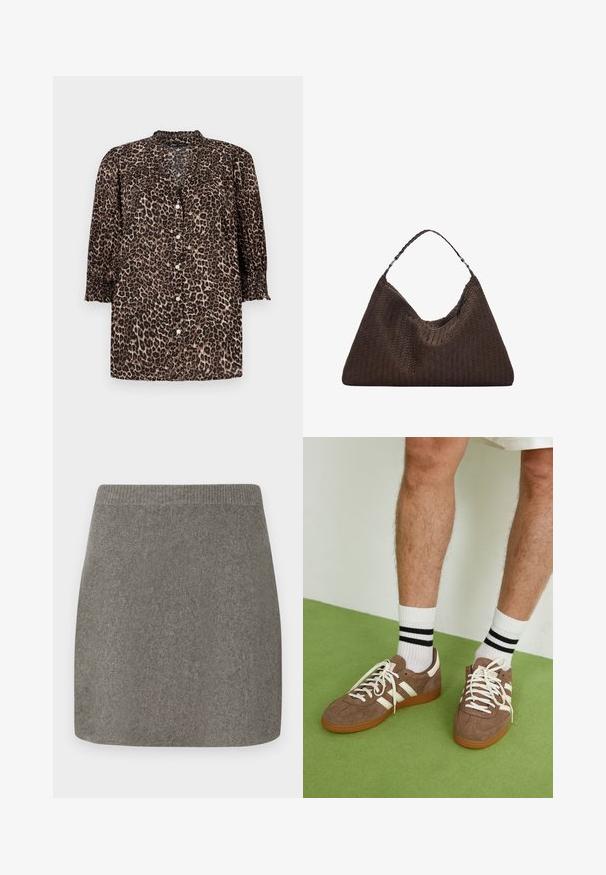 Košulja s leopard uzorkom u smešnim i crnim tonovima, s dugmadi sprijeda, rukavima do ¾ s nabranim detaljima i okruglim izrezom.; Siva pletena mini suknja s rebrastim pojasom, glatke teksture i ravnog kroja, dizajnirana za priljubljeni siluetu.; Smeđe nubuk tenisice s bijelim detaljima i vezicama. Gumeni potplat. Nosene s bijelim čarapama s crnim prugama. Zeleno teksturirano pod.; Smeškan smeđi kožni torbica u obliku trokuta. Ima pletenu ručku i patentni zatvarač na vrhu.